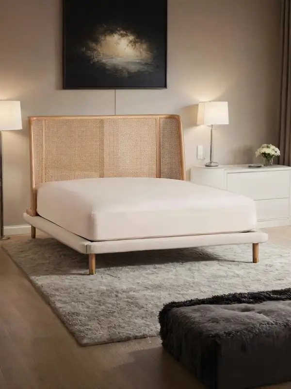 French-Inspired Solid Wood Cane-Detailed Bed — product image 1