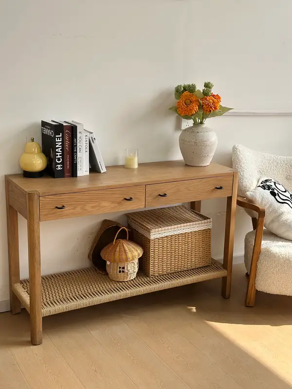 French-Inspired Solid Wood Cane-Detailed Console Table — product image 1