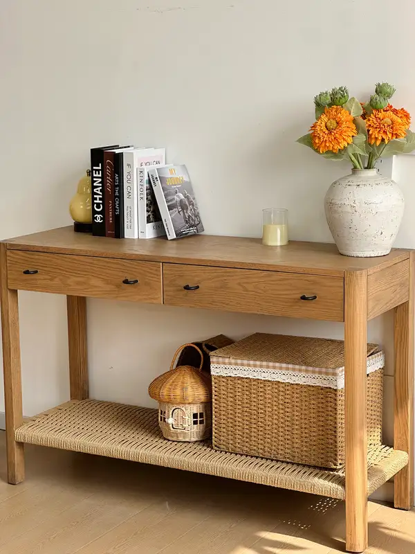 French-Inspired Solid Wood Cane-Detailed Console Table — product image 3