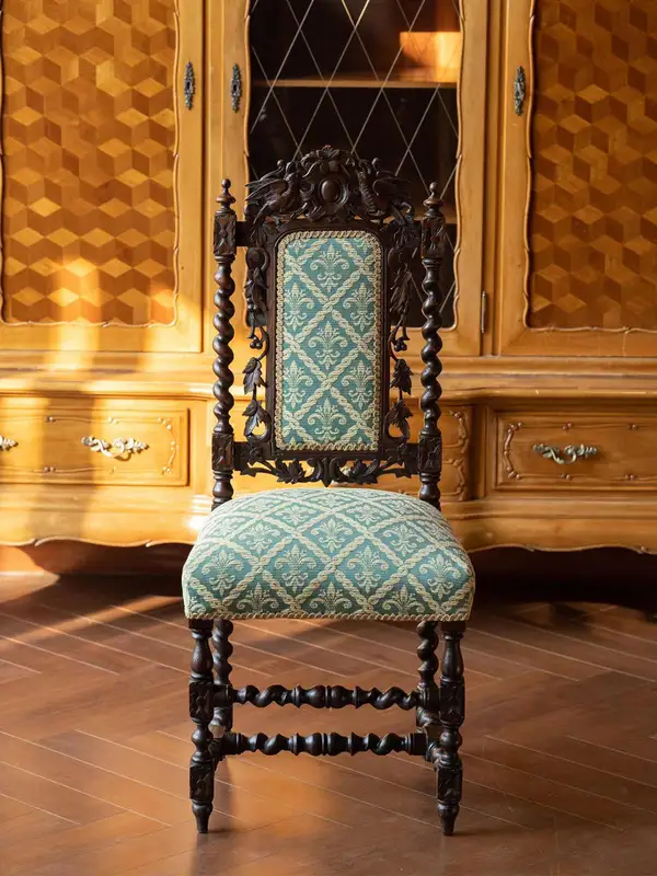 French-Inspired Mixed-Material Carved Dining Chair — product image 2